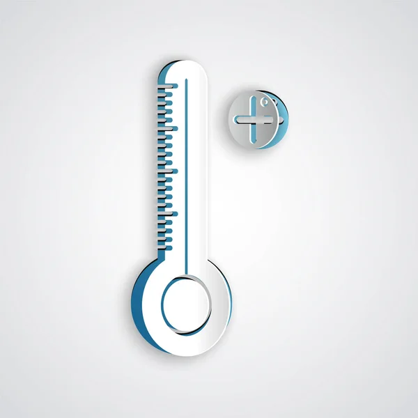 Paper cut Medical digital thermometer for medical examination icon isolated on grey background. Paper art style. Vector Illustration — Stock Vector