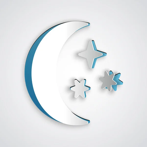 Papier gesneden maan en sterren pictogram geïsoleerd op grijze achtergrond. Papier kunststijl. Vector illustratie — Stockvector