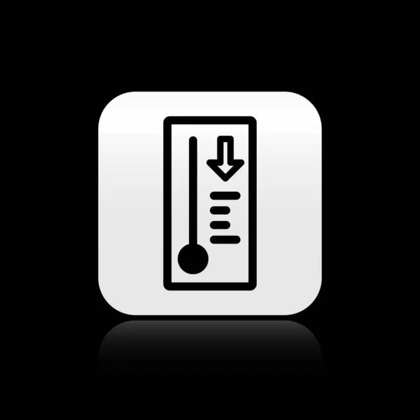 Black Meteorology thermometer measuring heat and cold icon isolated on black background. Thermometer equipment showing hot or cold weather. Silver square button. Vector Illustration — 스톡 벡터
