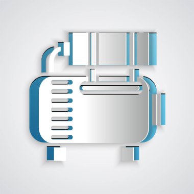 Kağıt kesiği hava kompresörü simgesi gri arkaplanda izole edildi. Kağıt sanatı tarzı. Vektör İllüstrasyonu
