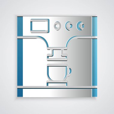 Kağıt kesilmiş Kahve makinesi ve kahve fincanı simgesi gri arka plan üzerinde izole. Kağıt sanat tarzı. Vektör İllüstrasyonu