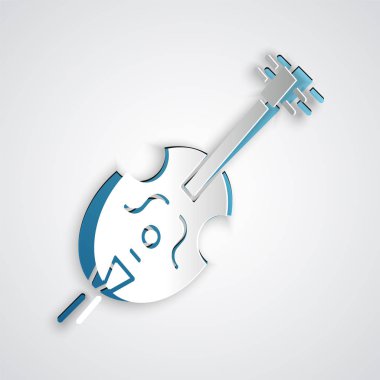 Kağıt kesiği keman simgesi gri arkaplanda izole edilmiş. Müzik aleti. Kağıt sanatı tarzı. Vektör İllüstrasyonu