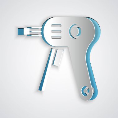 Kağıt kesiği, gri zeminde elektrikli sıcak tutkal tabancası ikonu izole edilmiş. Sıcak tabanca yapıştırıcısı. Sıcak tamir aletleri silikon. Kağıt sanatı tarzı. Vektör İllüstrasyonu