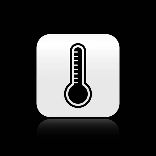 Schwarzes Meteorologie-Thermometer, das Hitze und Kälte misst, isoliert auf schwarzem Hintergrund. Thermometerausrüstung, die heißes oder kaltes Wetter zeigt. Silberner quadratischer Knopf. Vektorillustration — Stockvektor