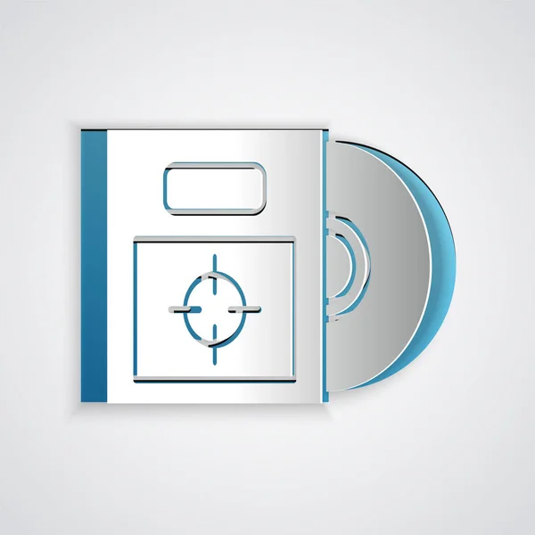Paper cut CD atau DVD disk dalam kotak ikon terisolasi pada latar belakang abu-abu. Tanda cakram padat. Gaya seni kertas. Ilustrasi Vektor - Stok Vektor