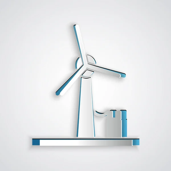 Taglio carta Icona turbina eolica isolata su sfondo grigio. Segnale generatore eolico. Mulino a vento per la produzione di energia elettrica. Stile cartaceo. Illustrazione vettoriale — Vettoriale Stock