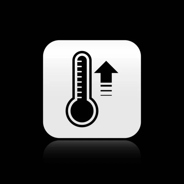 Termómetro de meteorología negra que mide el calor y el frío icono aislado sobre fondo negro. Equipo de termómetro que muestra clima caliente o frío. Botón cuadrado plateado. Ilustración vectorial — Vector de stock