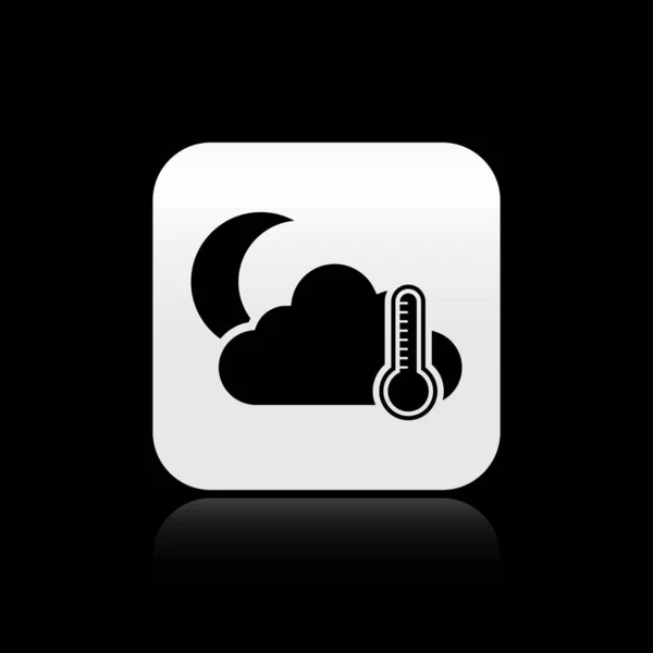 Termómetro negro y nube con icono lunar aislado sobre fondo negro. Botón cuadrado plateado. Ilustración vectorial — Archivo Imágenes Vectoriales