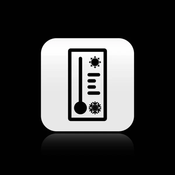 Black Meteorology thermometer measuring heat and cold icon isolated on black background. Thermometer equipment showing hot or cold weather. Silver square button. Vector Illustration — ストックベクタ