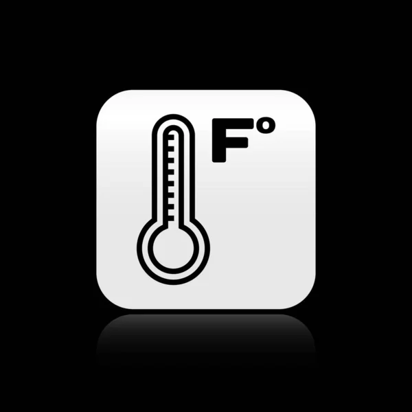 Termómetro de meteorología negra que mide el calor y el frío icono aislado sobre fondo negro. Temperatura Fahrenheit. Botón cuadrado plateado. Ilustración vectorial — Vector de stock