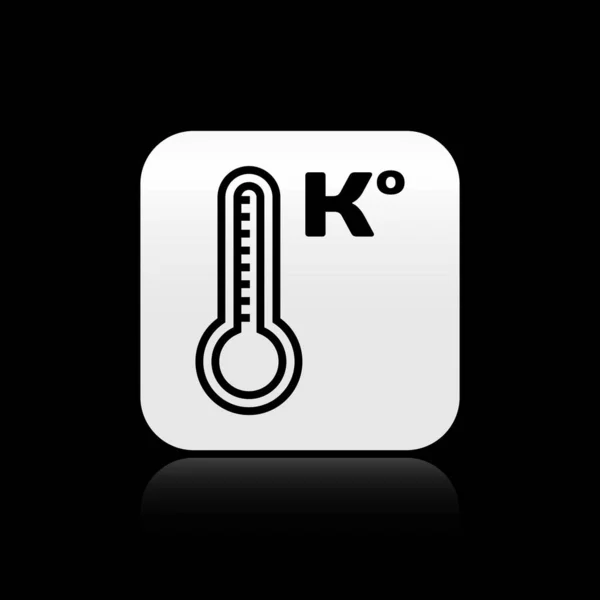 Termómetro de meteorología negra que mide el calor y el frío icono aislado sobre fondo negro. Temperatura Kelvin. Botón cuadrado plateado. Ilustración vectorial — Vector de stock