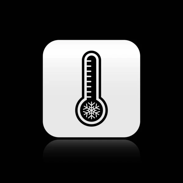 Μαύρο Μετεωρολογικό θερμόμετρο που μετρά τη θερμότητα και το κρύο εικονίδιο που απομονώνονται σε μαύρο φόντο. Θερμομετρικό εξοπλισμό που δείχνει ζεστό ή κρύο καιρό. Ασημένιο τετράγωνο κουμπί. Εικονογράφηση διανύσματος — Διανυσματικό Αρχείο