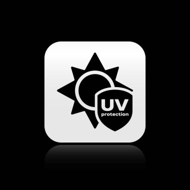 Siyah arka plan üzerinde izole siyah Uv koruma simgesi. Güneş ve kalkan. Ultraviyole ışınları radyasyon. Spf güneş işareti. Gümüş kare düğme. Vektör İllüstrasyonu