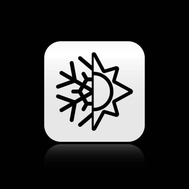 Siyah sıcak ve soğuk sembolü. Güneş ve kar tanesi simgesi siyah arka plan üzerinde izole. Kış ve yaz sembolü. Gümüş kare düğme. Vektör İllüstrasyonu