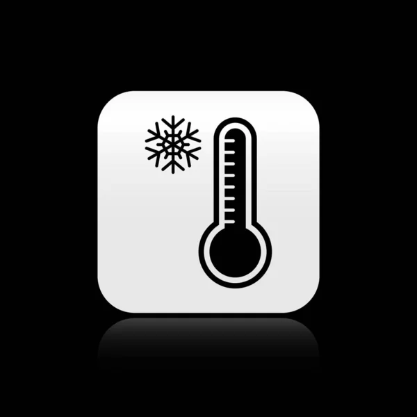 Black Meteorology thermometer measuring heat and cold icon isolated on black background. Thermometer equipment showing hot or cold weather. Silver square button. Vector Illustration — ストックベクタ