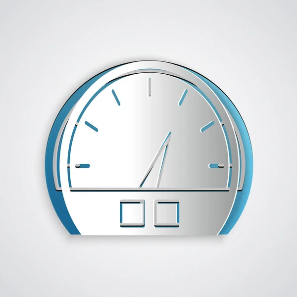 Paper cut Speedometer icon isolated on grey background. Paper art style. Vector Illustration — 스톡 벡터