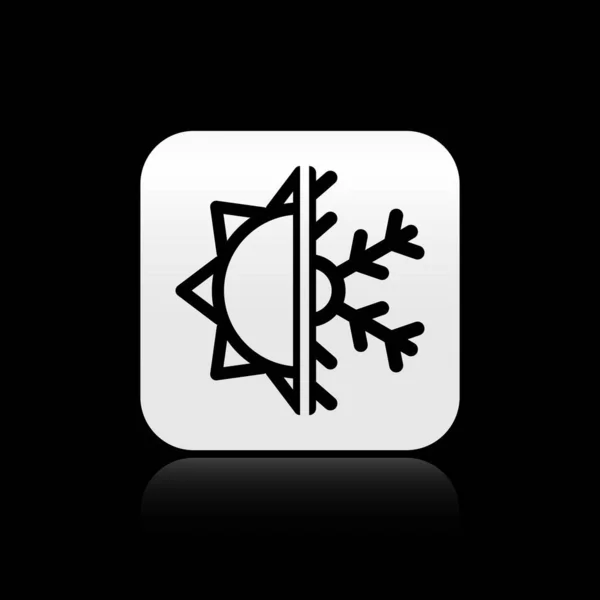 Svart varm och kall symbol. Sol-och snowflake-ikonen isolerad på svart bakgrund. Vinter-och sommar symbol. Silver fyrkantig knapp. Vektor illustration — Stock vektor