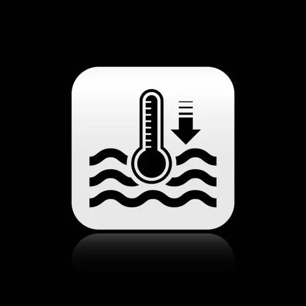 Черная вода термометр измерения тепла и холода значок изолирован на черном фоне. Термометр показывает жаркую или холодную погоду. Серебряная кнопка. Векторная миграция — стоковый вектор