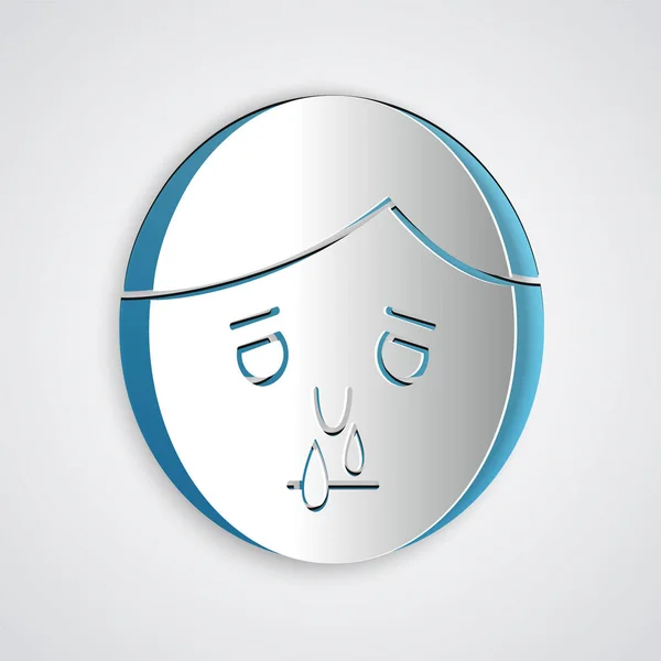 Paper cut Runny nose icon isolated on grey background. Rhinitis symptoms, treatment. Nose and sneezing. Nasal diseases. Paper art style. Vector Illustration — Stock Vector