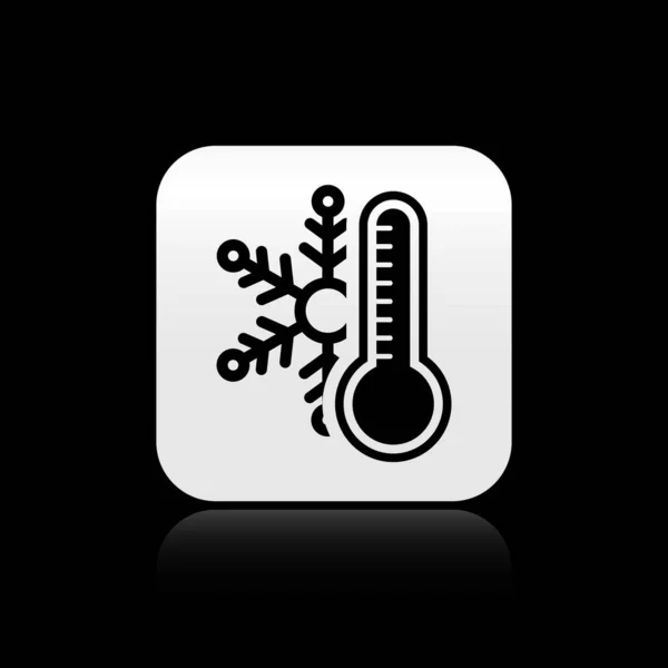 Schwarzes Thermometer mit Schneeflockensymbol isoliert auf schwarzem Hintergrund. Silberner quadratischer Knopf. Vektorillustration — Stockvektor