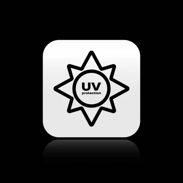 Ikona ochrany černého UV izolovaná na černém pozadí. Ultrafialové záření. Znamení slunce SPF. Stříbrné čtvercové tlačítko. Vektorová ilustrace — Stockový vektor