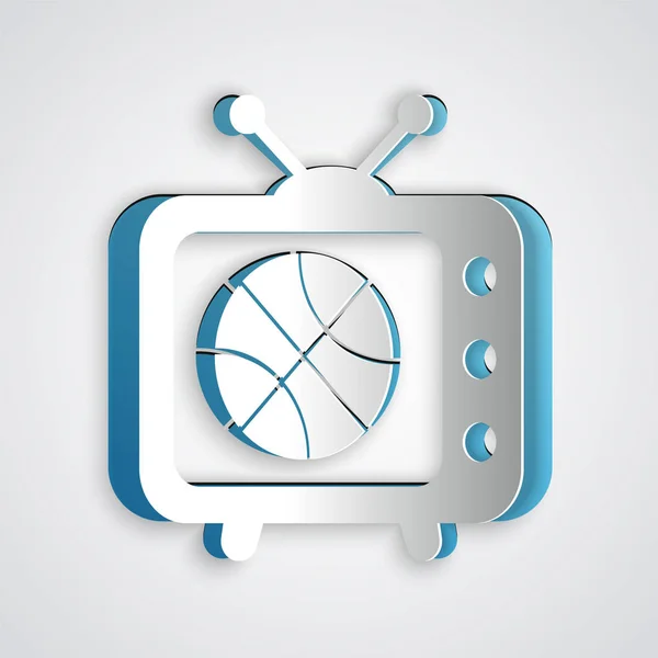 Papier coupé match de basket-ball sur l'icône du programme de télévision isolé sur fond gris. Style art du papier. Illustration vectorielle — Image vectorielle