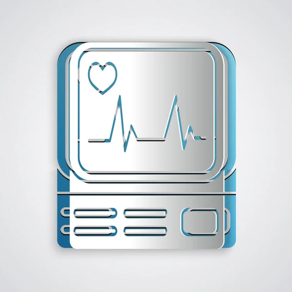Papiergeschnittener Computermonitor mit Kardiogramm-Symbol auf grauem Hintergrund. Überwachungssymbol. EKG-Monitor mit von Hand gezogenem Herzschlag. Papierkunst. Vektorillustration — Stockvektor