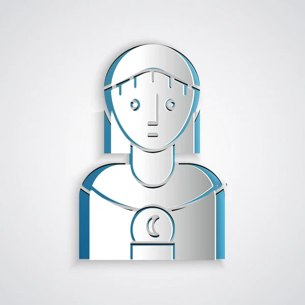 Corte de papel Astrología mujer icono aislado sobre fondo gris. Estilo de arte de papel. Ilustración vectorial — Vector de stock