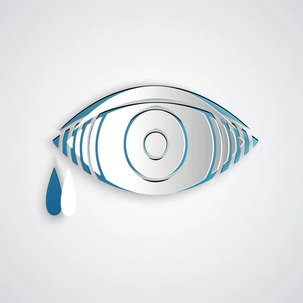 Papier geschnitten rötliches Auge aufgrund viraler, bakterieller oder allergischer Bindehautentzündung Symbol isoliert auf grauem Hintergrund. Papierkunst. Vektorillustration — Stockvektor