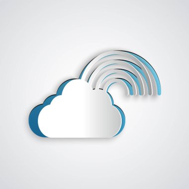 Kağıt kesiği Gökkuşağı bulutu simgesi gri arkaplanda izole. Kağıt sanatı tarzı. Vektör İllüstrasyonu