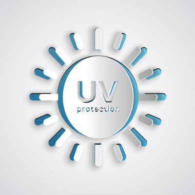 Kağıt kesilmiş Uv koruma simgesi gri arka plan üzerinde izole. Ultraviyole ışınları radyasyon. Spf güneş işareti. Kağıt sanat tarzı. Vektör İllüstrasyonu