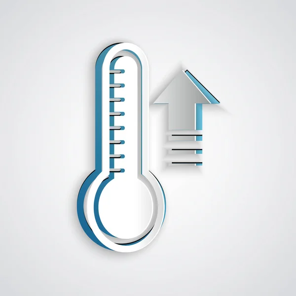 Papier geschnitten Meteorologie Thermometer zur Messung von Hitze und Kälte Symbol isoliert auf grauem Hintergrund. Thermometerausrüstung, die heißes oder kaltes Wetter zeigt. Papierkunst. Vektorillustration — Stockvektor