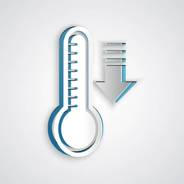 Corte de papel Termómetro de meteorología que mide el calor y el frío icono aislado sobre fondo gris. Equipo de termómetro que muestra clima caliente o frío. Estilo de arte de papel. Ilustración vectorial — Vector de stock