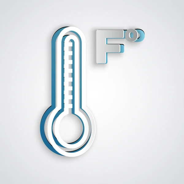 Paper cut Meteorology thermometer measuring heat and cold icon isolated on grey background. Temperature Fahrenheit. Paper art style. Vector Illustration — Stock Vector