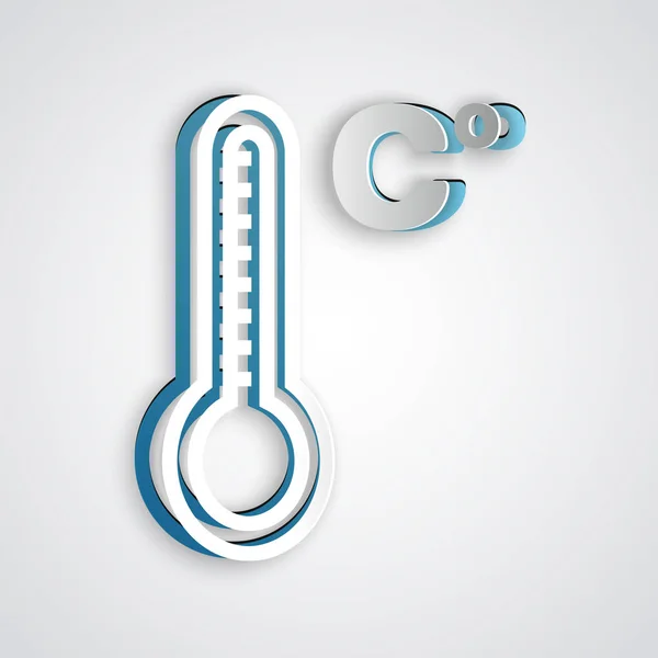 ペーパーカット灰色の背景に隔離された熱と冷たいアイコンを測定する気象温度計。気温摂氏紙のアートスタイル。ベクターイラスト — ストックベクタ