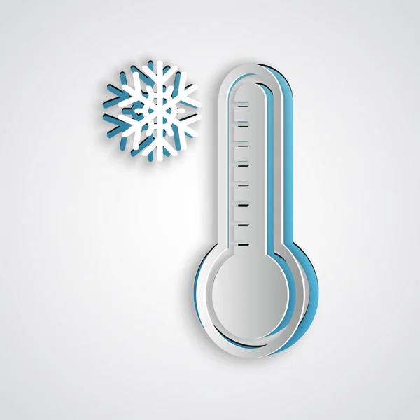 Paper cut Meteorology thermometer measuring heat and cold icon isolated on grey background. Thermometer equipment showing hot or cold weather. Paper art style. Vector Illustration — Stock Vector