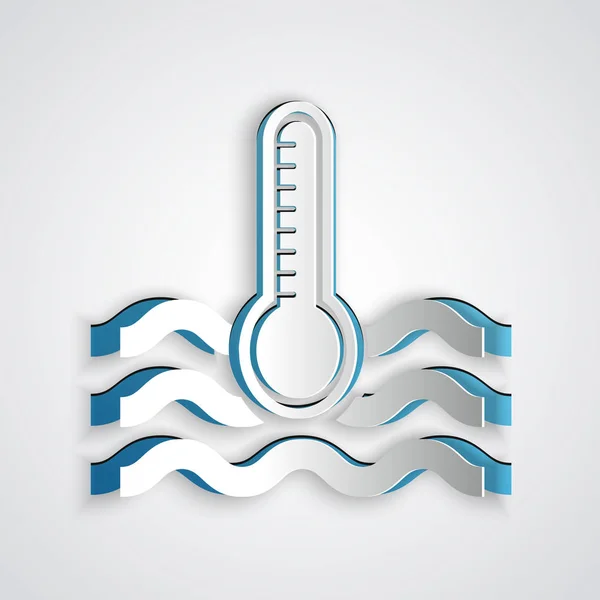 Paper cut Water thermometer measuring heat and cold icon isolated on grey background. Thermometer equipment showing hot or cold weather. Paper art style. Vector Illustration — Stock Vector