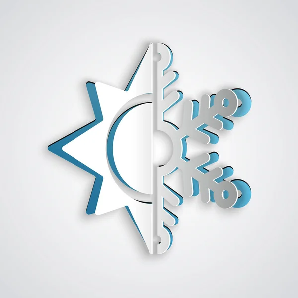 Kağıt sıcak ve soğuk sembolü kesti. Güneş ve kar tanesi simgesi gri arka plan üzerinde izole. Kış ve yaz sembolü. Kağıt sanat tarzı. Vektör İllüstrasyonu