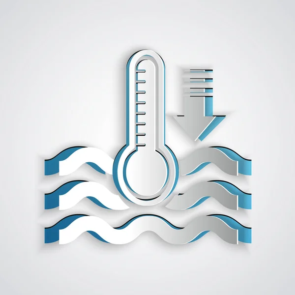 Paper cut Water thermometer measuring heat and cold icon isolated on grey background. Thermometer equipment showing hot or cold weather. Paper art style. Vector Illustration — Stock Vector