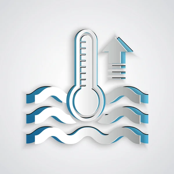 Paper cut Water thermometer measuring heat and cold icon isolated on grey background. Thermometer equipment showing hot or cold weather. Paper art style. Vector Illustration — Stock Vector