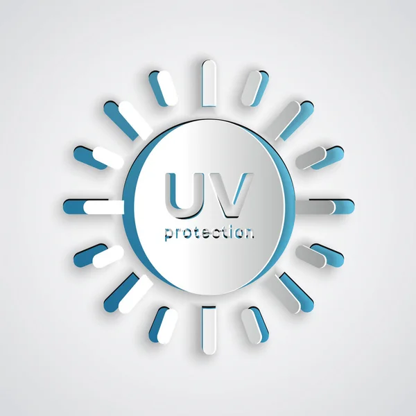 Icona di protezione UV tagliata su sfondo grigio. Radiazioni ultraviolette. Segno solare SPF. Stile cartaceo. Illustrazione vettoriale — Vettoriale Stock