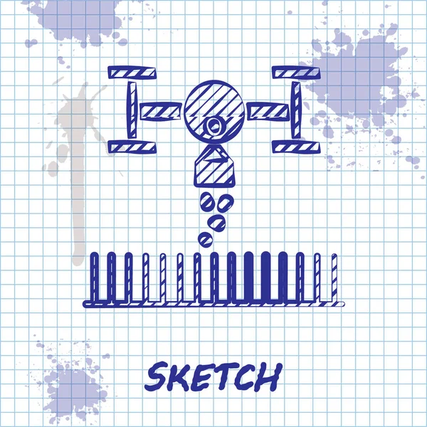 Ligne de croquis Ferme intelligente avec contrôle de drone pour l'icône de plantation de semences isolée sur fond blanc. Technologie d'innovation pour l'entreprise agricole. Illustration vectorielle — Image vectorielle
