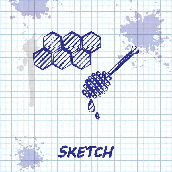 Sketch γραμμή Honeycomb με μέλι dipper stickicon απομονώνονται σε λευκό φόντο. Γλυκό κουτάλα. Σύμβολο κυττάρων μελιού. Γλυκό φυσικό φαγητό. Εικονογράφηση διανύσματος — Διανυσματικό Αρχείο