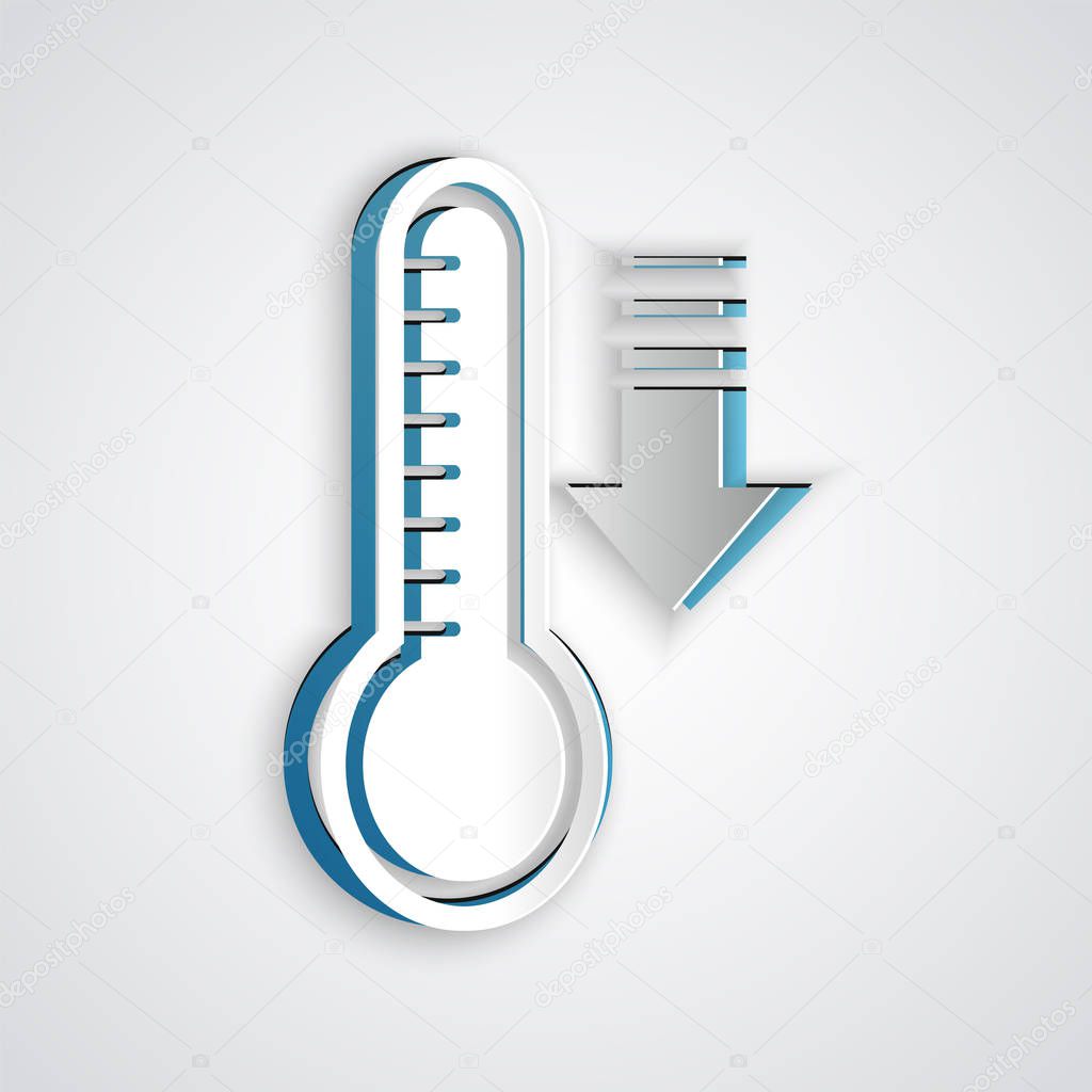 Paper cut Meteorology thermometer measuring heat and cold icon isolated on grey background. Thermometer equipment showing hot or cold weather. Paper art style. Vector Illustration