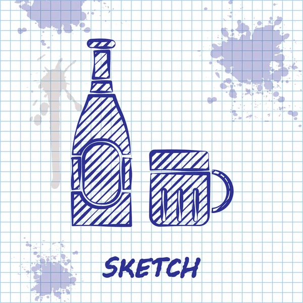 Szkic linii butelka piwa i szklana ikona izolowane na białym tle. Symbol napoju alkoholowego. Ilustracja wektora — Wektor stockowy