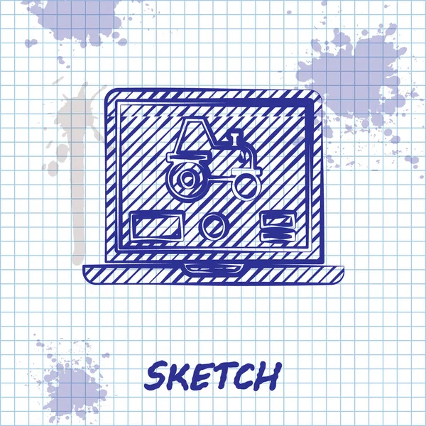 白い背景に隔離されたスマートファームアイコン上の自律トラクターを制御するためのスケッチラインノートパソコンアプリケーション。スマート農業導入。ベクターイラスト — ストックベクタ