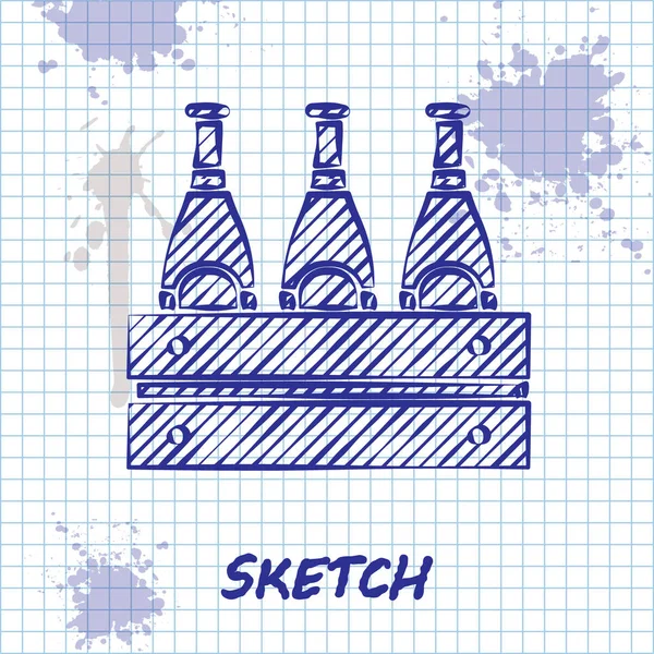 Sketch line Pakiet ikony butelek piwa izolowane na białym tle. Drewniane pudełko i butelki po piwie. Skrzynka z piwem. Ilustracja wektora — Wektor stockowy