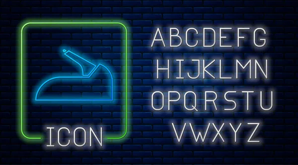 Сяюча піктограма неонового автомобіля ізольована на фоні цегляної стіни. Паркувальний гальмівний важіль. Неоновий легкий алфавіт. Векторна ілюстрація — стоковий вектор