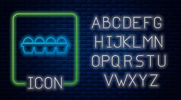 Gloeiend neon Kip ei in doos pictogram geïsoleerd op baksteen muur achtergrond. Neon licht alfabet. Vector Illustratie — Stockvector