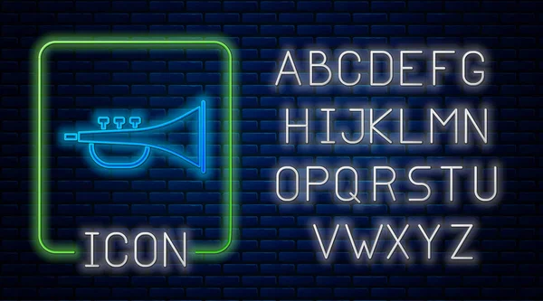 Leuchtende Neon-Musikinstrument Trompetensymbol isoliert auf Backsteinwand Hintergrund. Neonlicht-Alphabet. Vektorillustration — Stockvektor